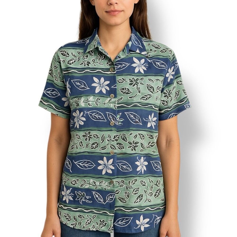Vintage 90s Top Blue Green Floral Leaf Print Button Up Short Sleeve Shirt Small